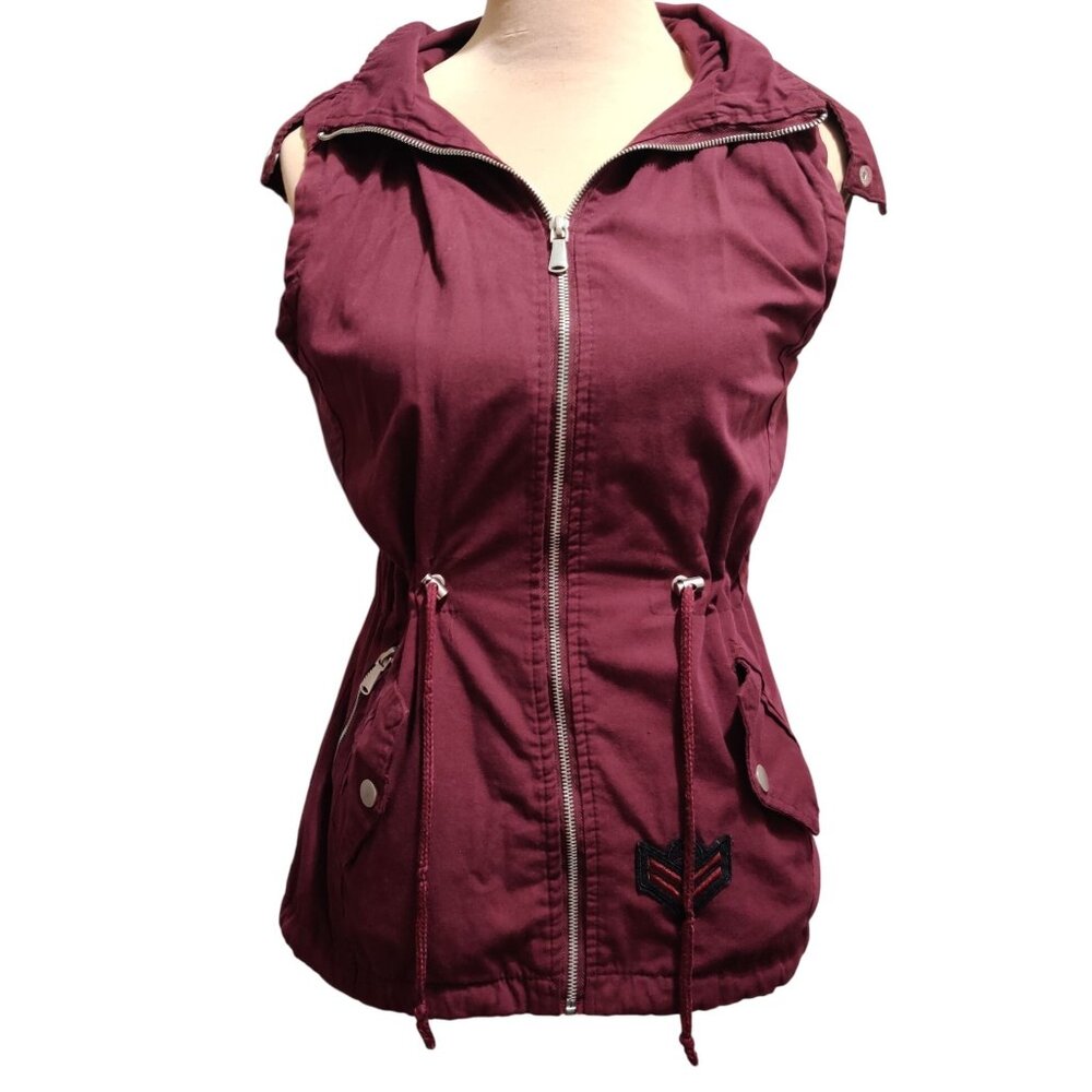 YMI S Burgundy Red Utility Hooded Vest Drawstring Street Style Militarycore Moto